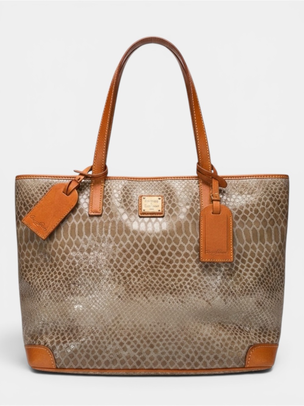 Dooney & Bourke Python Embossed Leather Charlestown Tote Bag Tan Brown Trim